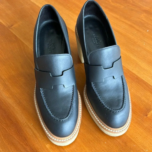 Like new HERMES rubber sole Didi 70mm loafer style pumps size 37 in black - Picture 1 of 8